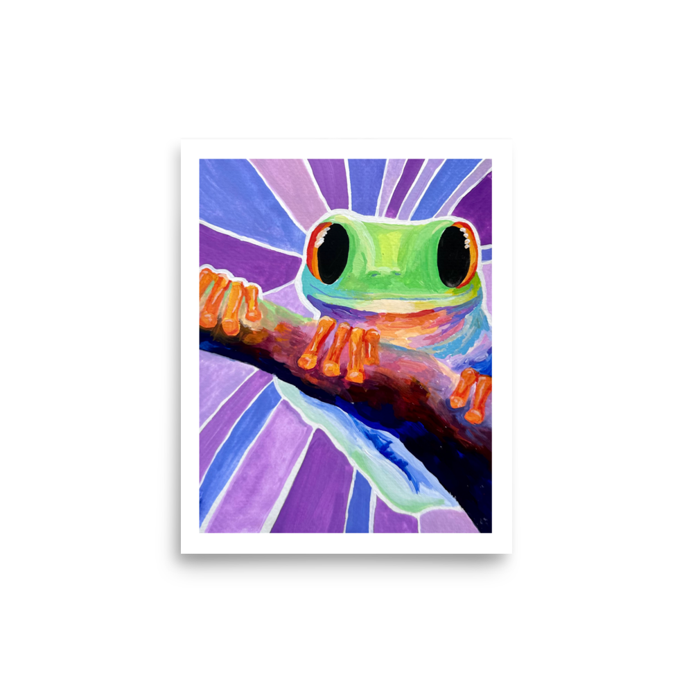 Colorful frog illustration on a purple abstract background